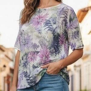 J Jill Linen Blend Knit Floral Print Short‎ Sleeve Top Women Size M Feminie Boho